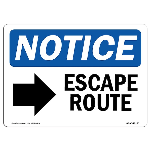 Safety Sign, OSHA Notice, 12" Height, Escape Route (Right Arrow) Sign With Symbol, Landscape